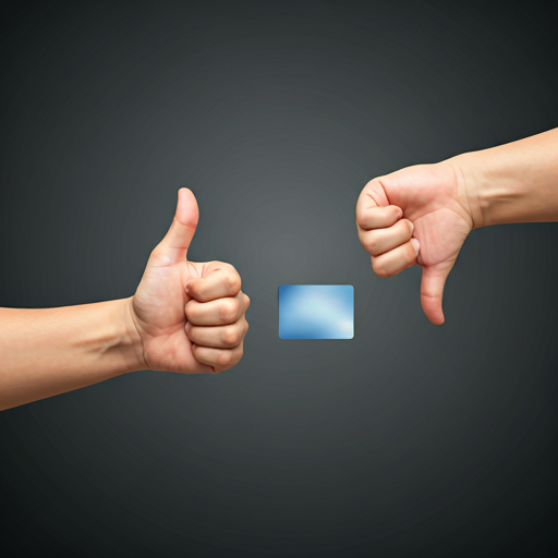 Nowoczesna karta kredytowa zajmuje centralne miejsce w kadrze, umieszczona na prostym, minimalistycznym tle. To, co przyciąga uwagę, to dwie dłonie po bokach karty: Z jednej strony widzimy dłoń z kciukiem uniesionym do góry - klasyczny gest aprobaty. Z drugiej strony mamy dłoń z kciukiem skierowanym w dół - symbol dezaprobaty lub ostrzeżenia.