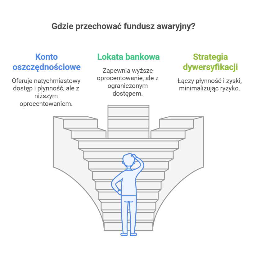 Infografika przedstawiająca opcje przechowywania funduszu awaryjnego: konto oszczędnościowe (natychmiastowy dostęp, niskie oprocentowanie), lokata bankowa (wyższe oprocentowanie, ograniczony dostęp) oraz strategia dywersyfikacji (łącząca płynność i zyski).