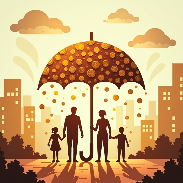 Rodzina pod parasolem jako symbolu finansowego funduszu awaryjnego